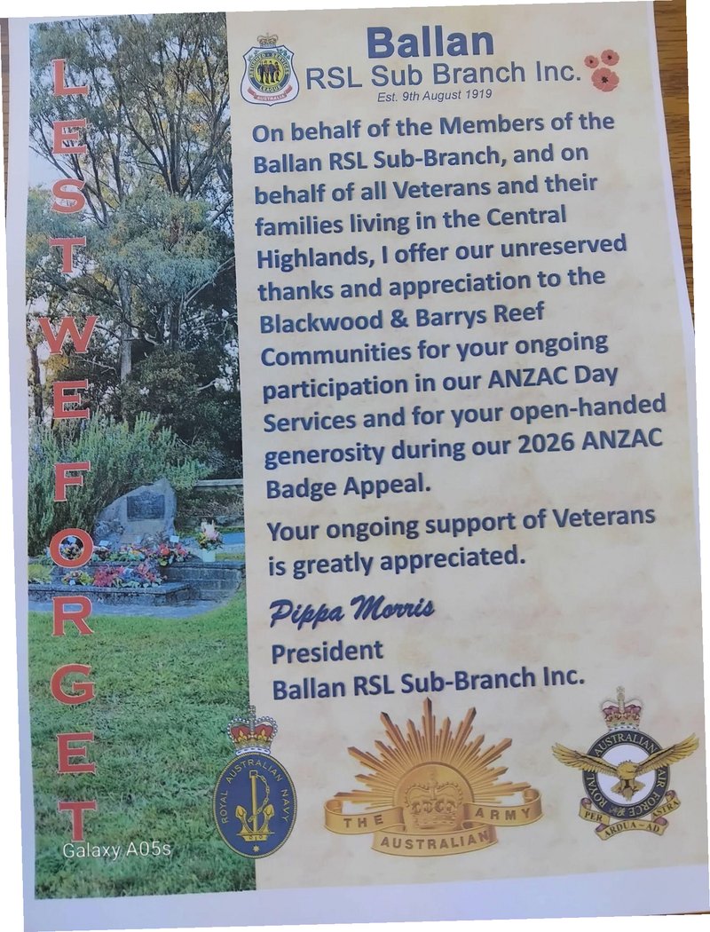 Thank you letter from Pippa Morris, President of Ballan RSL Sub-Branch Inc., thanking the Blackwood and Barrys Reef communities for their participation in ANZAC Day Services and the 2026 ANZAC Badge Appeal