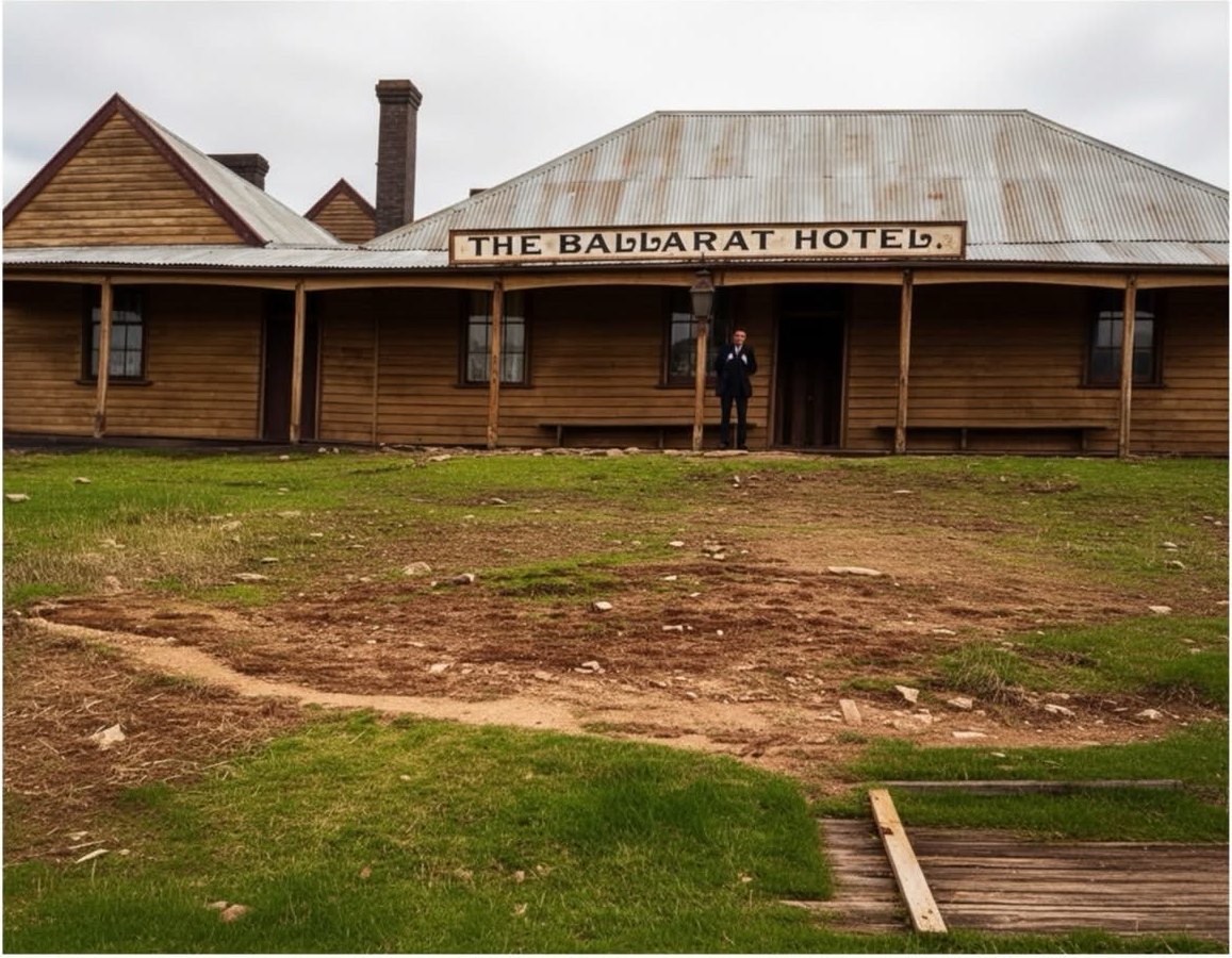 The Ballarat Hotel at Barrys Reef, a long timber building with a corrugated iron roof and a full length veranda. Bernard Goodge stands at the front entrance in a dark suit. The sign above the veranda reads The Ballarat Hotel.