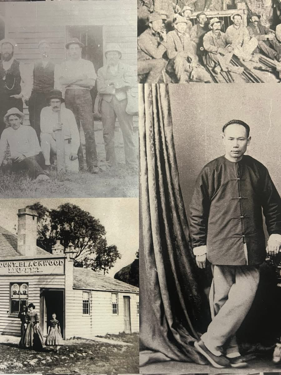Historical photos of Blackwood — miners, the Mount Blackwood Hotel, and Chinese residents from the gold rush era