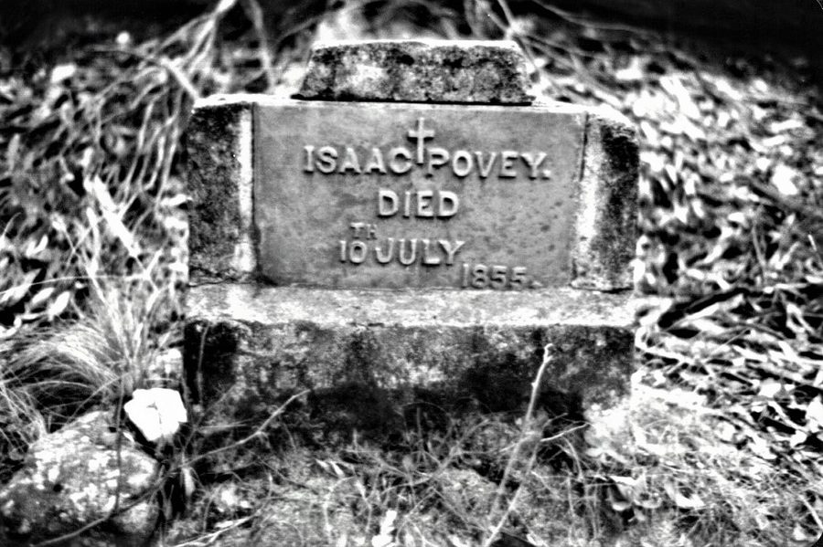 Isaac Povey's headstone — historical black and white photograph