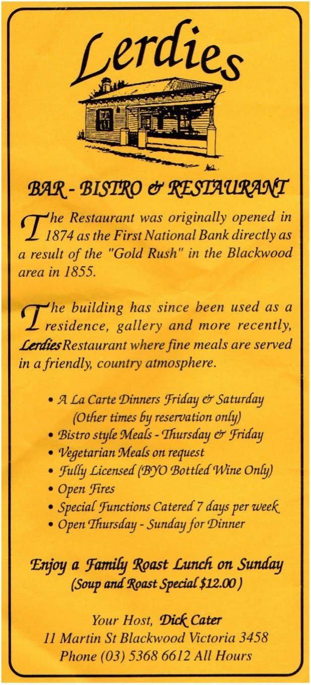 Lerdies Bar, Bistro and Restaurant menu — 11 Martin St Blackwood, originally opened in 1874 as the First National Bank